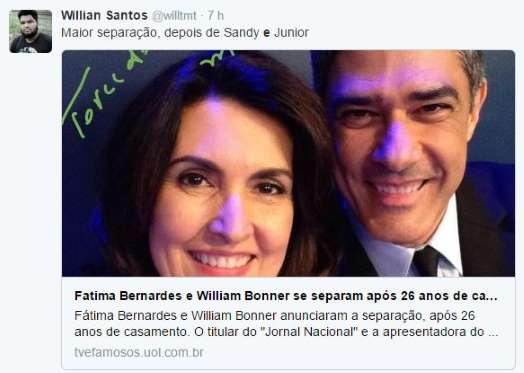 
        
            Separação de Fátima e William domina o Twitter; veja memes
        
    