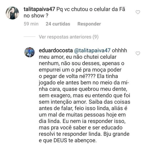 Eduardo Costa chuta celular de fã e depois tenta explicar: 'Quase quebrou meu dente'