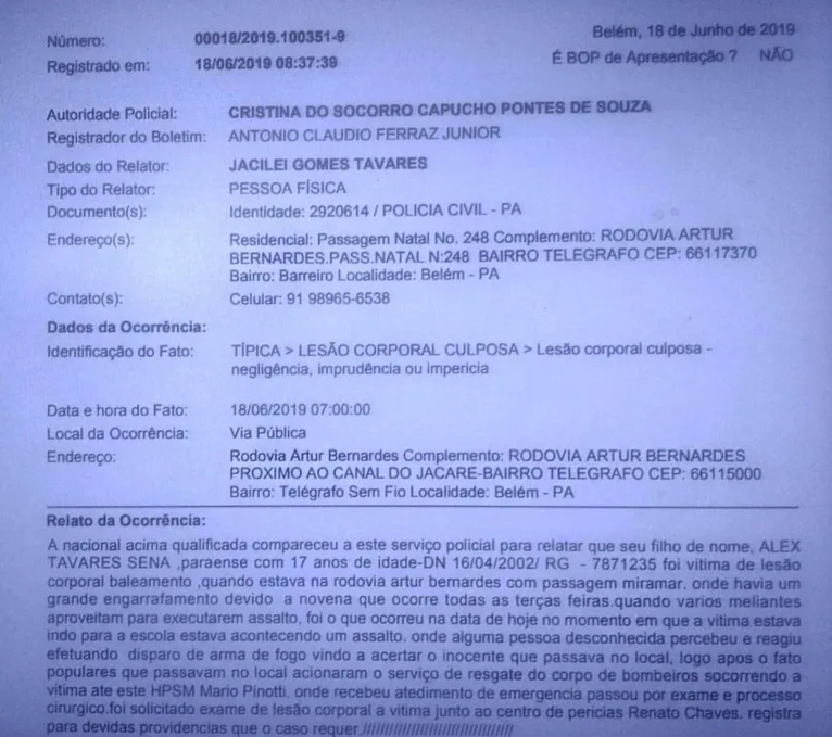 Estudante de 17 anos é vítima de bala perdida em Belém