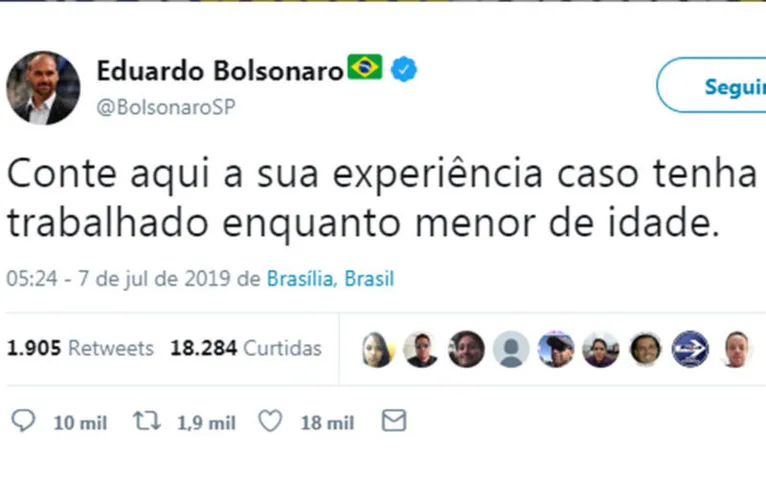 Filho de Bolsonaro apoia trabalho na infância, ganha apoio de famosos e acende debate sobre tema