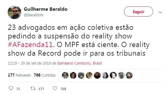Advogados pedem suspensão do reality 'A Fazenda', afirma colunista 