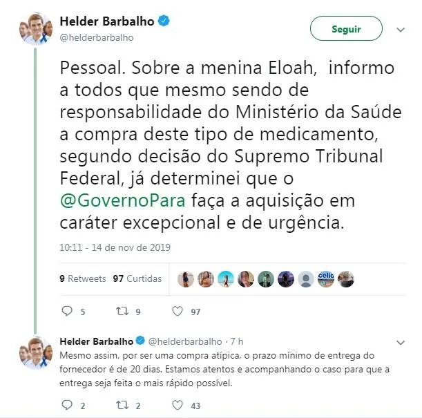Helder determina que governo faça a aquisição em caráter de urgência de  medicamento para  menina Eloah