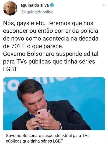 Aguinaldo Silva critica Bolsonaro por suspender filmes LGBT e apaga post