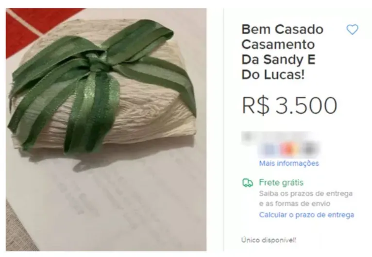 Fã põe à venda suposto bem casado do casamento de Sandy e Lucas Lima