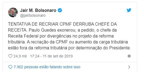 Bolsonaro descarta recriação de CPMF e aumento de tributos