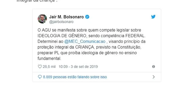 Bolsonaro prepara projeto que proíbe ‘ideologia de gênero’ no ensino fundamental