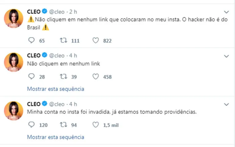 Ela ainda alertou seus seguidores quanto a links falsos. 