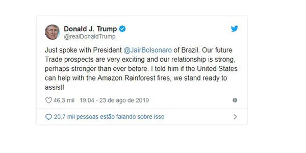Donald Trump diz que EUA está a disposição para ajudar Amazônia