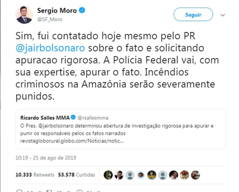 Incêndios criminosos na Amazônia serão severamente punidos, promete Moro