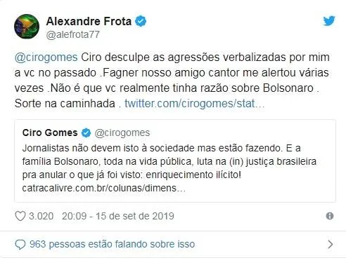 Frota critica Bolsonaro e pede desculpas a Ciro Gomes: 'Não é que tinha razão?!'