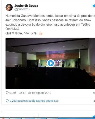 Humorista tem show interrompido após críticas a Bolsonaro. Veja!