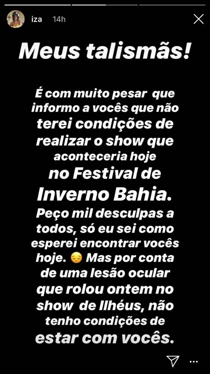 Iza cancela show após sofrer lesão ocular 
