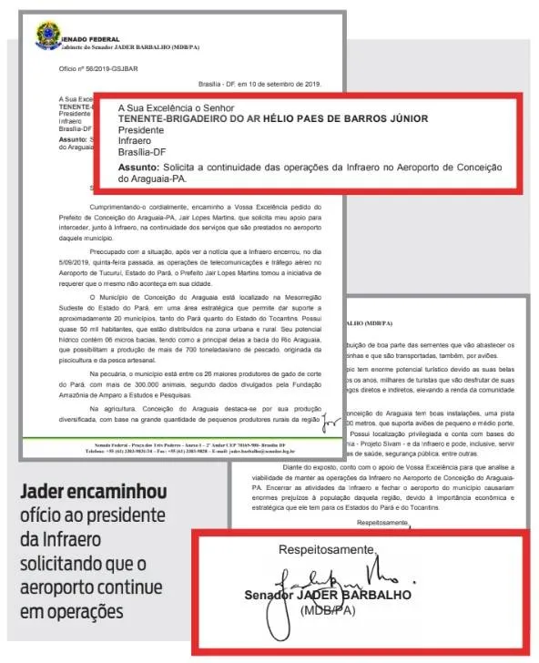 Jader encaminhou ofício ao presidente da Infraero solicitando que o aeroporto continue em operações.