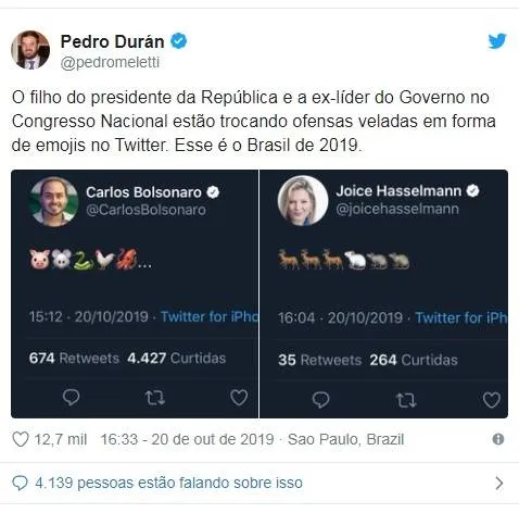 Joice Hasselmann e Carlos Bolsonaro trocam alfinetadas com imagens de 'veado' e 'porca'