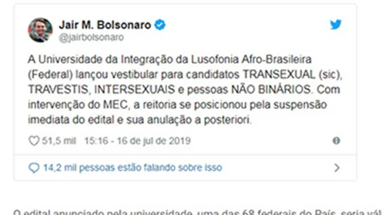 Bolsonaro suspende vestibular para pessoas trans