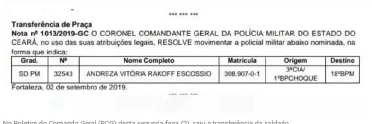 No Boletim do Comando Geral (BCG) desta segunda-feira (2), saiu a transferência da soldado