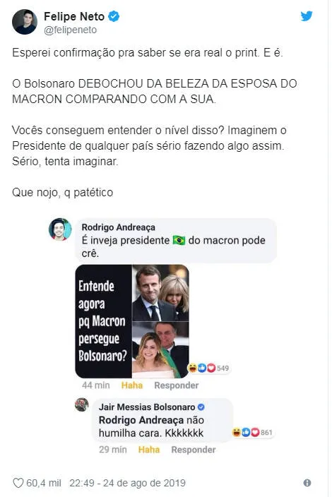 Bolsonaro critica esposa de presidente da França e é detonado na internet