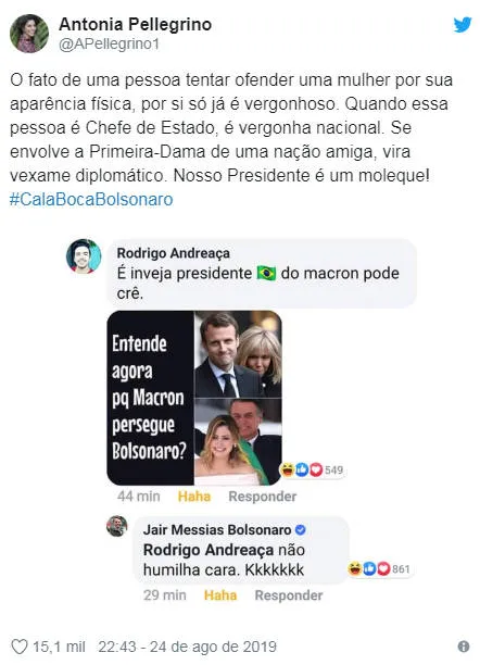 Bolsonaro critica esposa de presidente da França e é detonado na internet