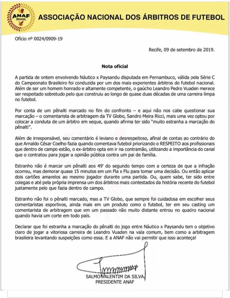 Associação de Árbitros se posiciona a favor de juiz que apitou Náutico x Paysandu