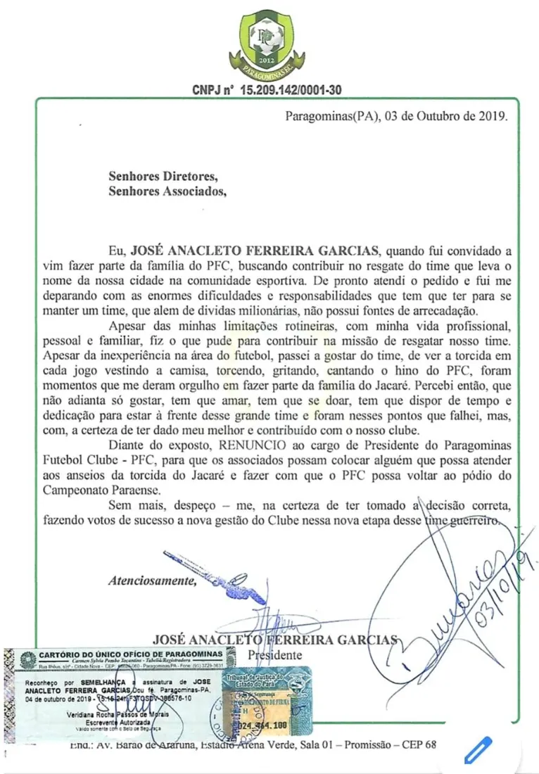 Presidente do Paragominas renuncia ao cargo
