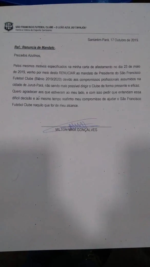 Presidente azulino renuncia cargo e deixa diretoria do clube
