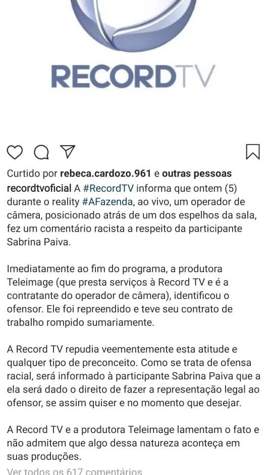 Record demite funcionário filmado chamando de 'macaca' participante de 'A Fazenda'