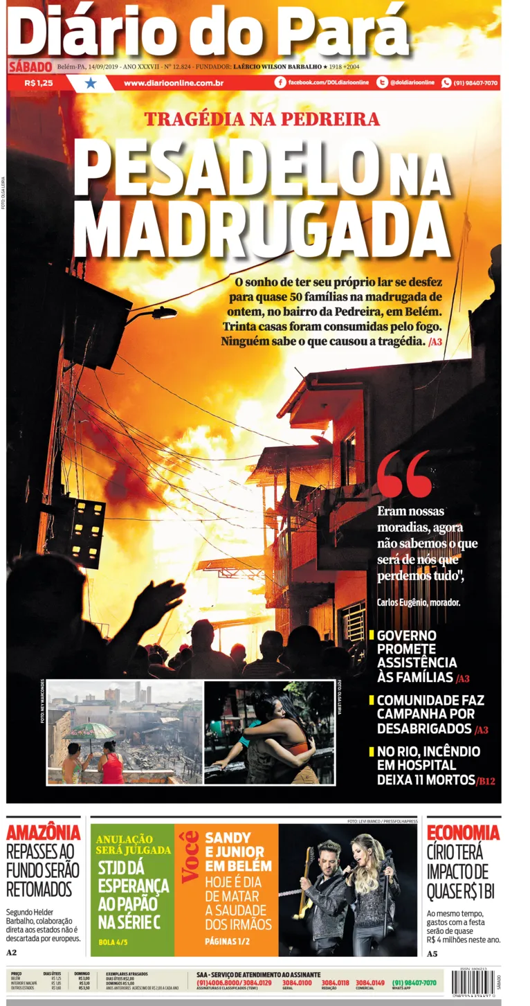Veja a capa do DIÁRIO DO PARÁ deste sábado (14)