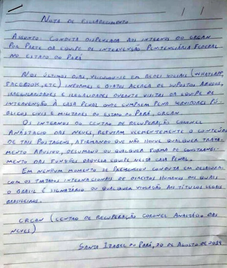 Detentos publicam carta afirmando que estão sendo bem tratados por agentes federais de Intervenção Penitenciária