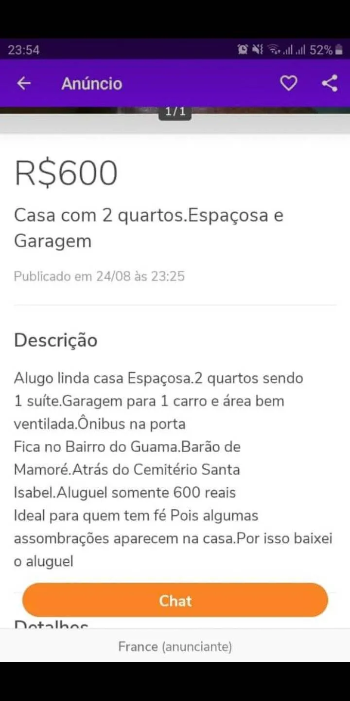 Anúncio
de aluguel de casa 'com visagem' no Guamá viraliza