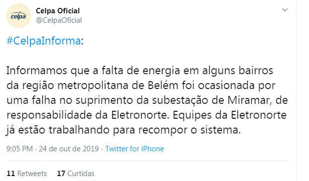 Celpa usou as redes sociais para comunicar o apagão