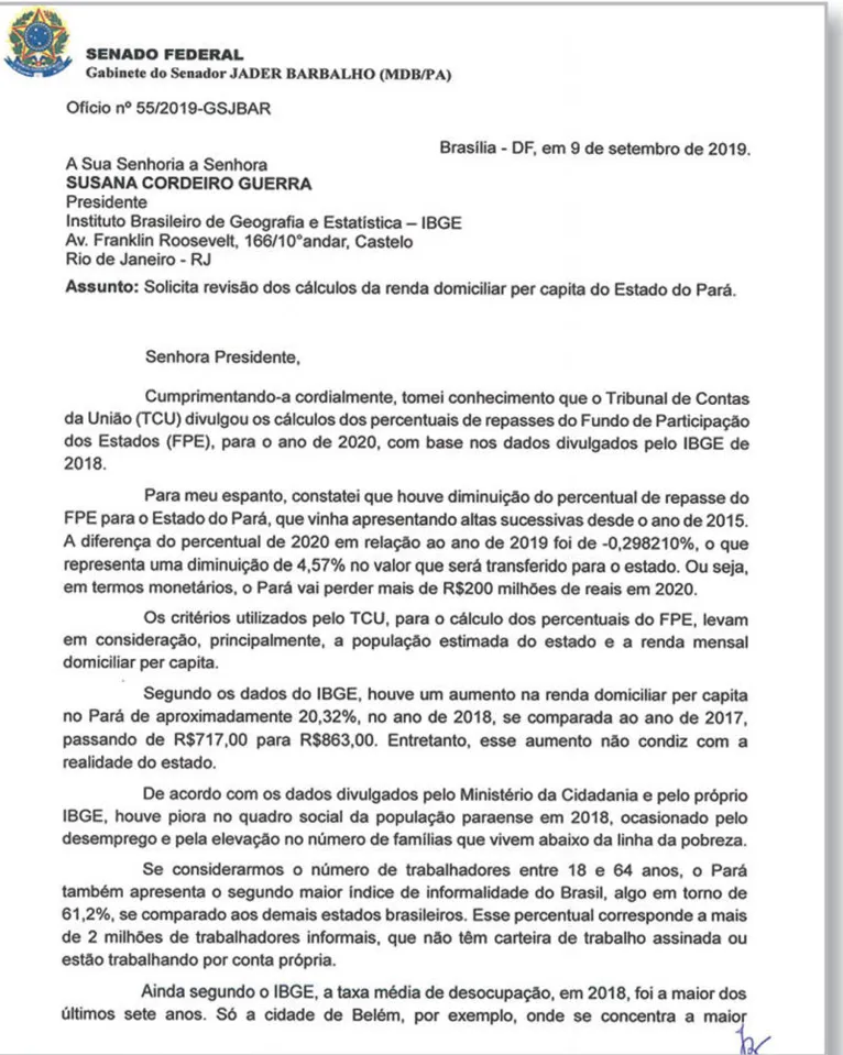 Jader solicita revisão de dados do IBGE para evitar prejuízo ao Pará