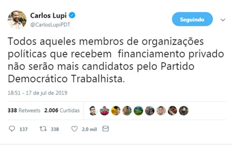 PDT dá recado à Tabata e proíbe membros que recebam financiamento privado