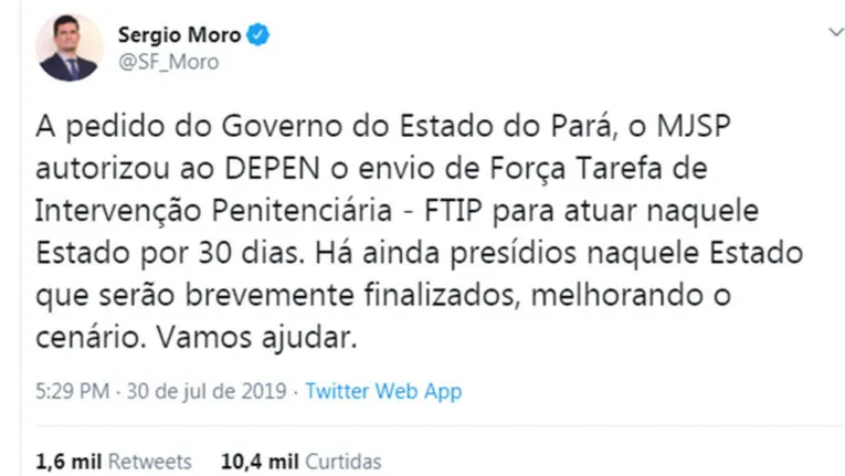 Moro envia força-tarefa para presídios no Pará