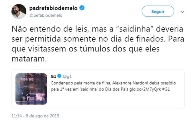 Padre Fábio de Melo critica saída de Nardoni da
prisão para o Dia dos Pais