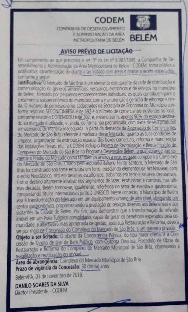 Aviso prévio de licitação publicado diretor presidente da Codem no último dia 1º de novembro