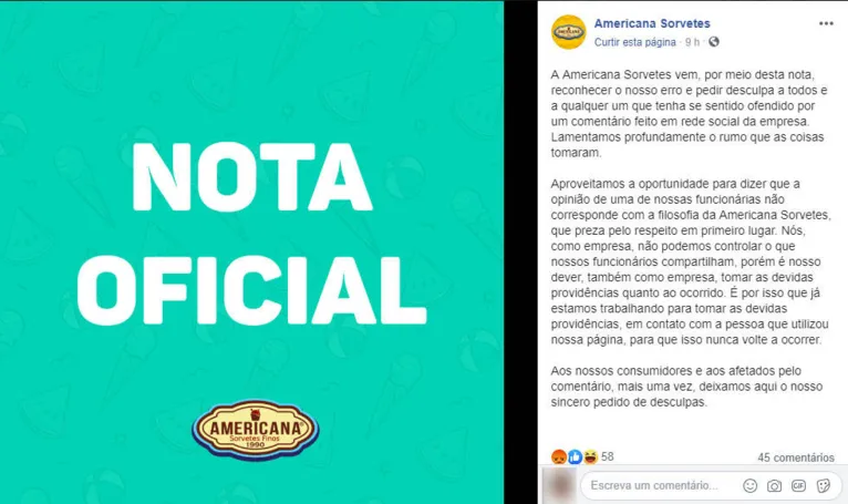 Nota de posicionamento da empresa emitida nas redes