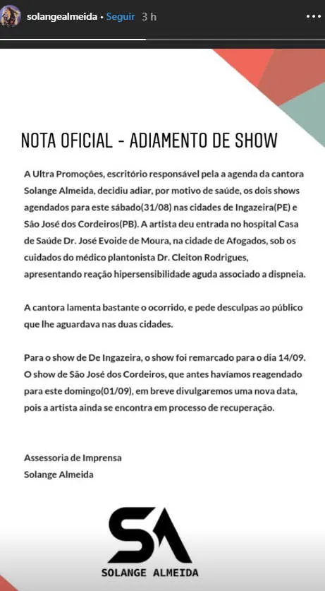 Solange Almeida cancela shows após ser internada às pressas