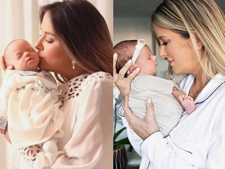 Ticiane Pinheiro no ensaio newborn de Rafinha na esquerda e no ensaio newborn de Manuella na direita.