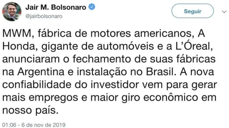 Bolsonaro
é desmentido sobre empresas que deixarão Argentina e apaga publicação