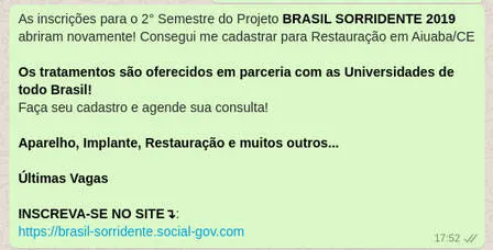 Modelo da mensagem com o link malicioso compartilhada no aplicativo
