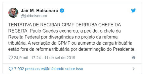 Bolsonaro descarta recriação de CPMF e aumento de tributos