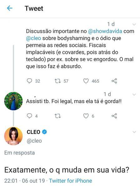 Cleo Pires rebate seguidor após ser chamada de 'gorda'