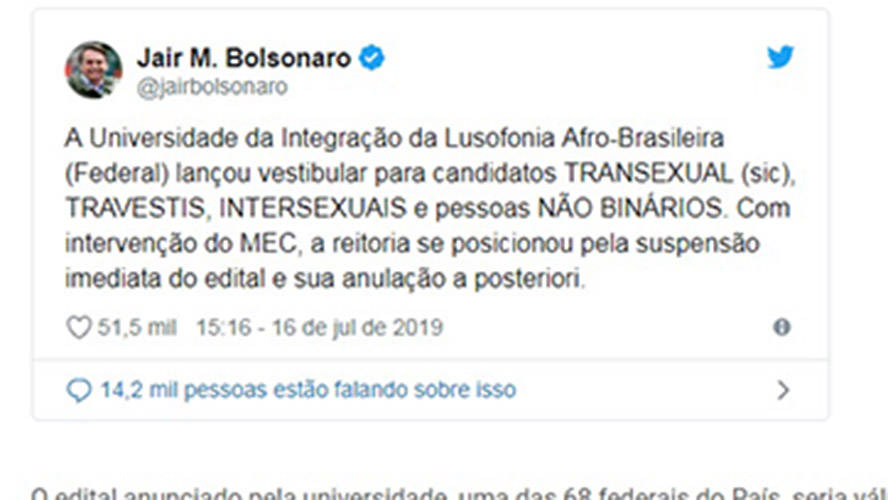 Bolsonaro suspende vestibular para pessoas trans