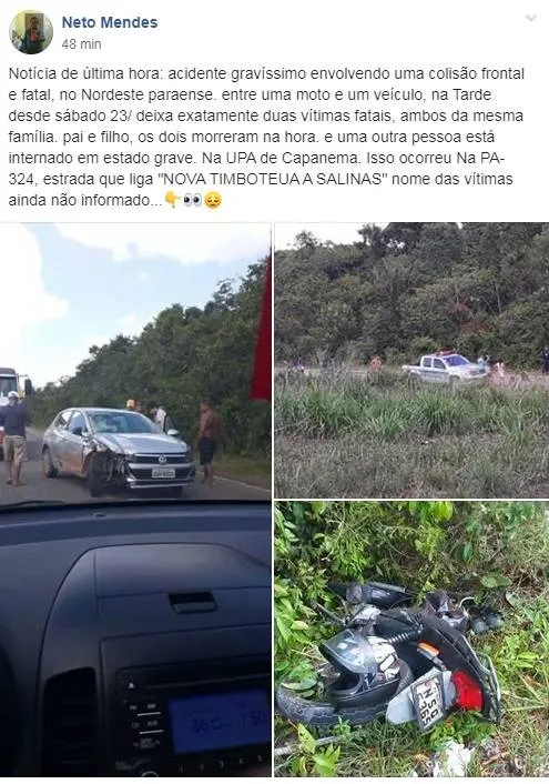 Pai e filho morrem em acidente na PA-324