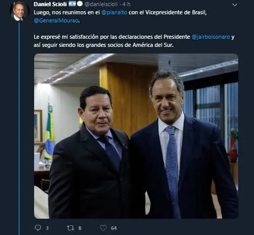 Mourão se reúne com futuro embaixador argentino no Brasil