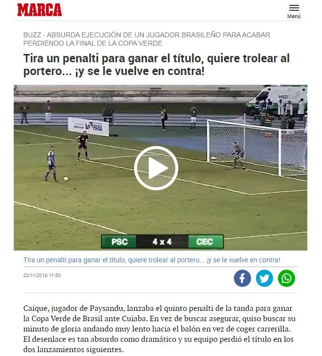 Cobrança bizarra de Caique é destaque em site espanhol "Marca"