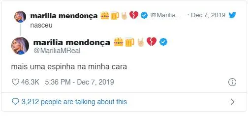 "Nasceu" posta Marília Mendonça no Twitter e surpreende fãs