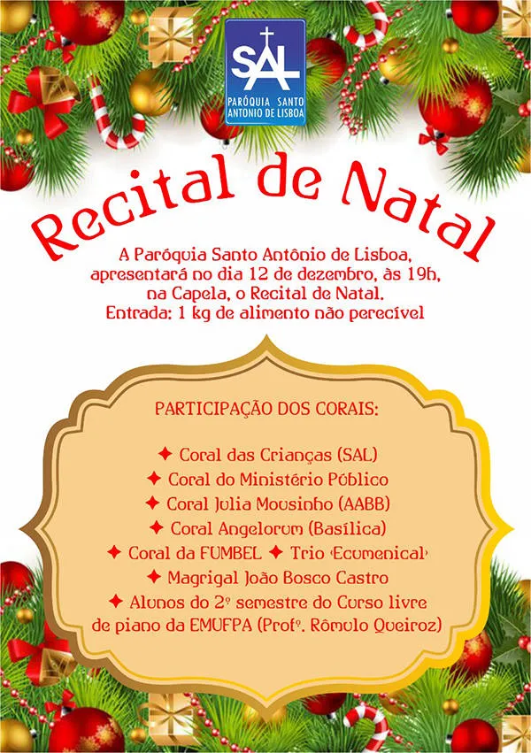 Paróquia realiza Recital de Natal; entrada será 1 kg de alimento