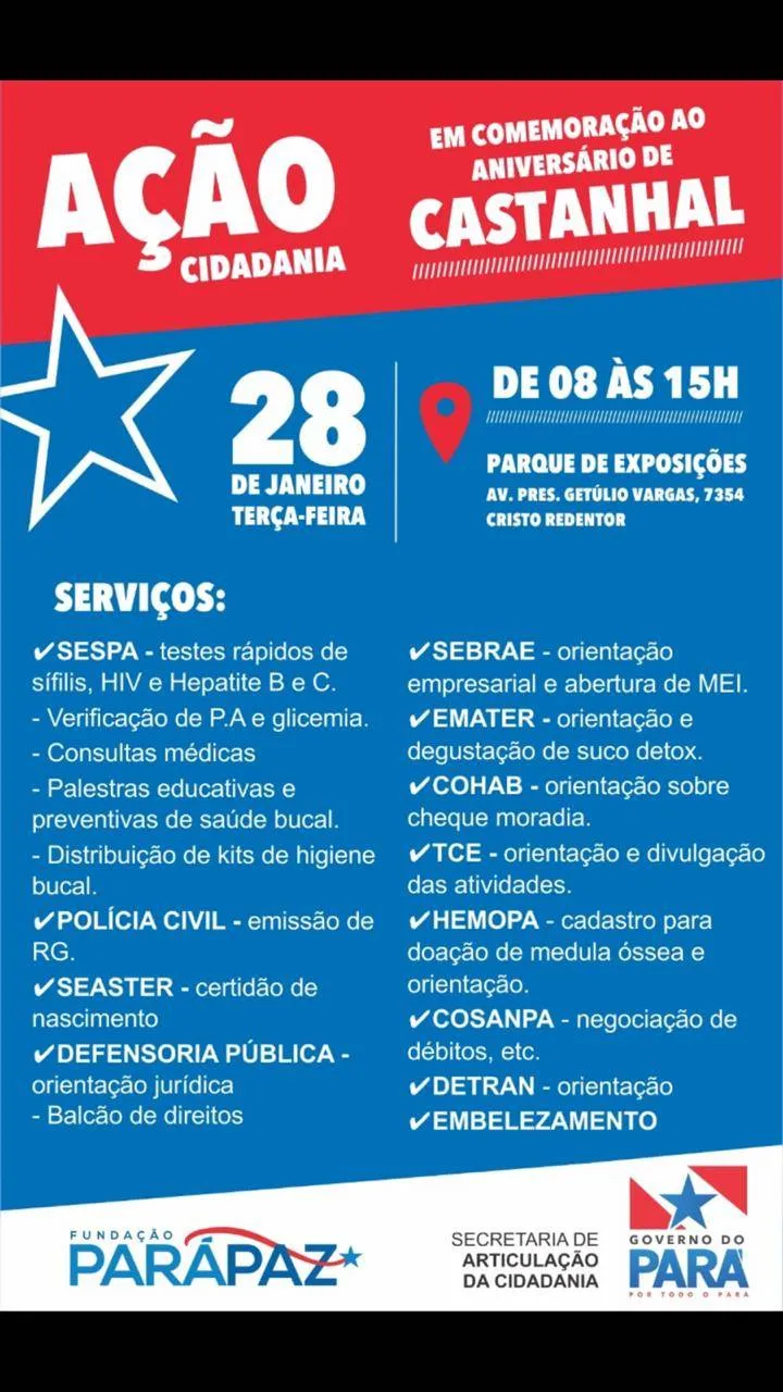 Aniversário de Castanhal será comemorado com ações gratuitas