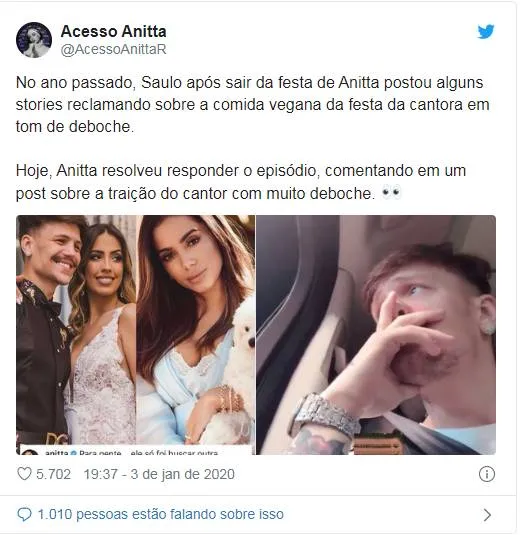 Anitta debocha de suposta traição de Saulo Poncio: "Só foi buscar outra comida"